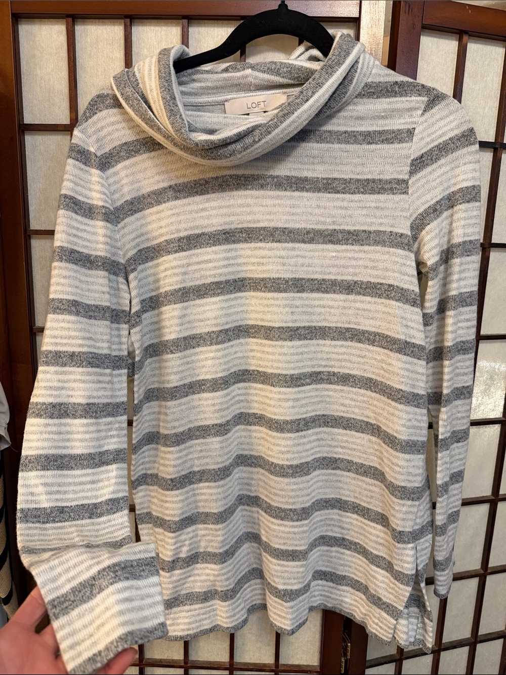 LOFT Gray & White Striped Cowl Neck Sweater